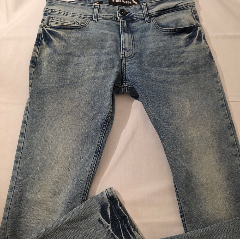 Stone Falcon Light Blue Mineral Stone Washed Jeans for Men, Slim Fit Sz 32/30